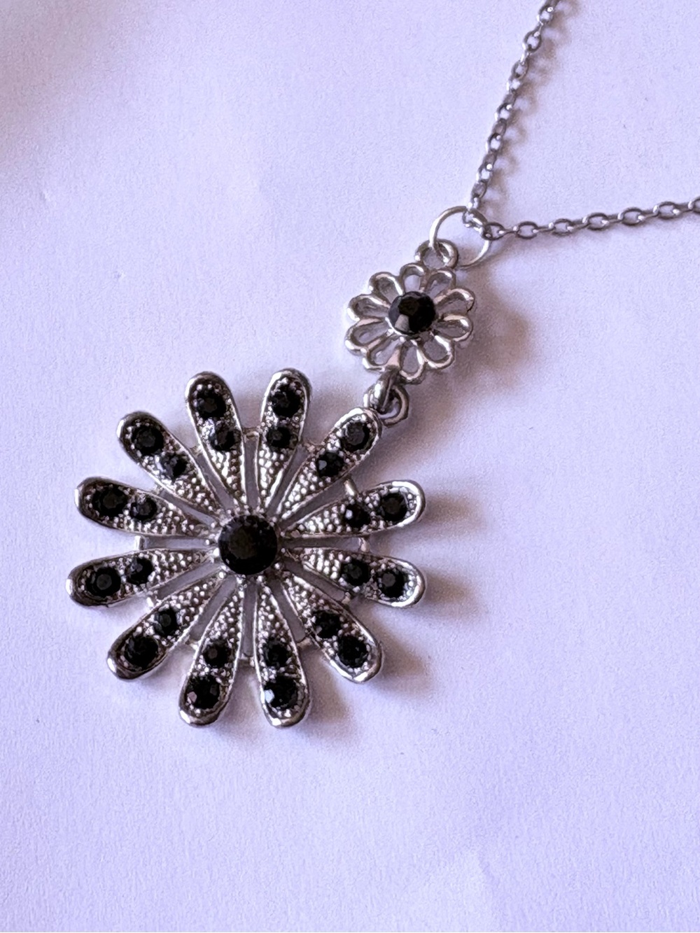 Silver-Tone Black Crystal Daisy Pendant Necklace - Boutique Women's Jewelry